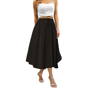 Abaadlw Maxi Skirts for Women with Pocket A Line Long Midi Casual Skirt for Beach Party Holiday (Black-nl L)