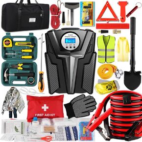 kewen Car Emergency Kit, Roadside Assistance Emergency Car Kit Jumper Cables, Road Trip Essentials, Auto Vehicle Car Safety Kit with Digital Air Compressor Tire Inflator, Reflective Warning Triangle