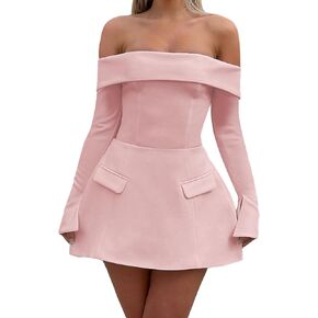 Women Long Sleeve Off Shoulder Dress Sexy A Line Mini Dress Party Club Short Formal Dresses