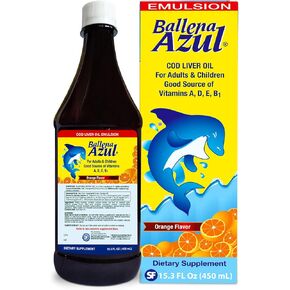 Ballena Azul Aceite de Hígado de Bacalao Para para niños ، زيت كبد سمك القد للبالغين والأطفال ، المصدر الجيد للفيتامينات A ، D ، E ، B1 ، المكملات الغذائية ، أوميغا 3 ، تعزيز نظام inmune (برتقالي 15 أوقية)