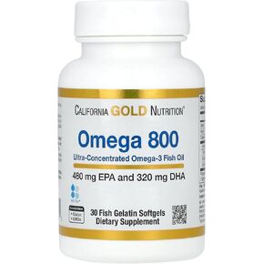 California Gold Nutrition Omega 800 Ultra-Concentrated Omega-3 Fish Oil, kd-pur Triglyceride Form, 1,000 mg, 30 Fish Gelatin Softgels