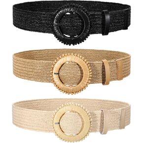 3 Pack Straw Woven Stretch Belt for Women,Raffia Elastic Belt for Dress Wide Boho Waist Belt with Round Buckle