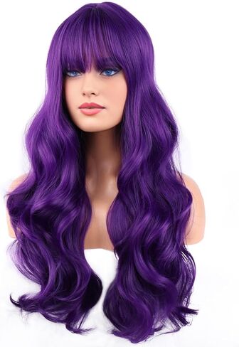 BERON 26 Inches Neon Green Wig Long Wavy Soft Synthetic Wig with Straight Bangs for Women Girls Wig Cap Included in Kuwait