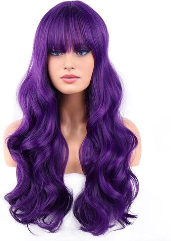 BERON 26 Inches Neon Green Wig Long Wavy Soft Synthetic Wig with Straight Bangs for Women Girls Wig Cap Included in Kuwait