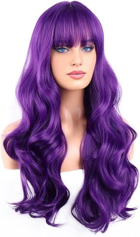 BERON 26 Inches Neon Green Wig Long Wavy Soft Synthetic Wig with Straight Bangs for Women Girls Wig Cap Included in Kuwait