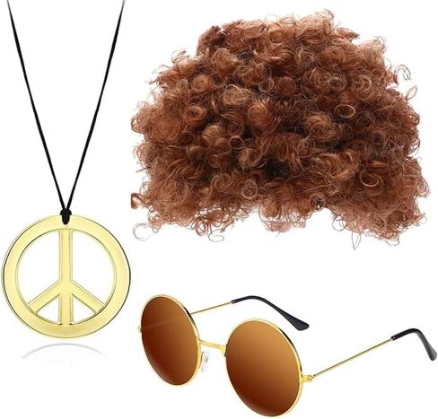مجموعة أزياء Sanderala Hippie غير التقليدية ذات اللون الأفرو المستعار والنظارات الشمسية وقلادة علامة السلام لحفلة موضوع 50/60/70 ثانية in Saudi Arabia