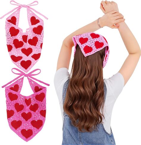 2Pcs Crochet Bandanas Headbands Hairbands Head Hair Scarf for Women Girls Knitted Floral Strawberry Hair Accessories for Hair Styling Festival Holiday Decor (White, Pink) in Kuwait
