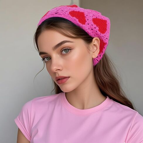 2Pcs Crochet Bandanas Headbands Hairbands Head Hair Scarf for Women Girls Knitted Floral Strawberry Hair Accessories for Hair Styling Festival Holiday Decor (White, Pink) in Kuwait
