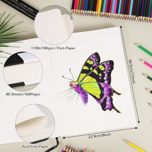 كتاب رسم بغلاف مقوى، 160 صفحة/80 ورقة لوحة رسم مربعة، دفتر رسم ورقي سميك للرسم 8 × 8 بوصة، 110 رطل/180 جرامًا للمتر المربع مجلة فنية للمراهقين والبالغين والفنانين وهدايا عيد الميلاد in Saudi Arabia