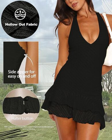 Women's Summer Dresses 2025 Sexy Halter V Neck Backless Hollow Out Ruffle Bodycon Cocktail Party Vacation Mini Dress in Kuwait