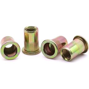 1/4-20 UNC Carbon Steel Rivet Nut Rivnut, Flat Head Threaded Rivetnut Insert, Yellow Zinc Plated Finish, Knurled Body, Pack of 100