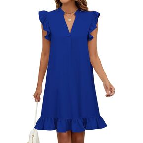 Wkior Summer Dresses for Women 2025 Casual V Neck Cap Sleeve Ruffled Hem T-Shirt Dress Flowy Swing Smock Mini Sundress
