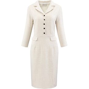 Women's 3/4 Sleeve Sheath Dress Collared Vintage Tweed Dress