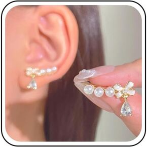 Vintage Pearl Crystal Dangle Earrings Gold Pearl Ear Climber Earrings Shine Cz Bow Stud Earrings Wedding Cz Teardrop Earrings Jewelry for Women