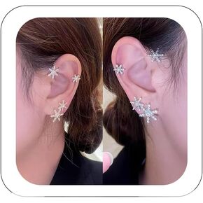 2PCS Glitter Rhinestone Snowflake Ear Cuff Vintage Flowers Non-Piercing Fake Earrings Bridal Wedding Climber Ear Wrap Prom Ball Ear Jewelry for Women