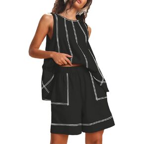 Womens Summer 2 Piece Outfits Shorts Sets Sleeveless Tank Tops Elastic Waist Shorts Lounge Set with Pockets