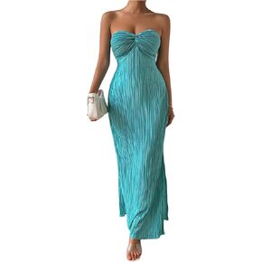 Milumia Women's Twist Front Strapless Bodycon Dress Summer Split Thigh Maxi Tube Dresses Vacation Outfits