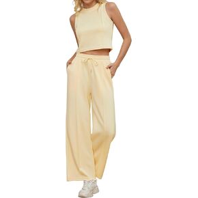 Women 2 Piece Outfits Ribbed Knit Crew Neck Sleeveless Cropped Tank Top Elastic Waist Wide Leg Pants Set in Kuwait