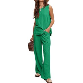 Tankaneo Womens 2 Piece Sets Summer Outfits Sleeveless Tank Tops and Wide Leg Pants Travel Vacation Lounge Set