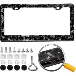 Real Carbon Fiber License Plate Frame, 100% Pure Carbon Fiber Frame, Black License Plate Holder Cover with Screw Caps, Anti-Vibration Pads, (Twill 2 Hole)