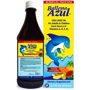 Ballena Azul Aceite de Hígado de Bacalao para Adultos y Niños, COD Liver Oil for Adults and Children, Good Source of Vitamins, Dietary Supplement, Omega 3 (Tropical Fruits 15 OZ)