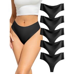 voenxe Seamless Women Underwear Thongs,High Waisted Ladies No Show Panties Line,Invisible Comfy Workout Undies,Soft,5-Pack