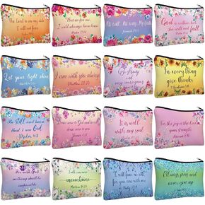 16 Pcs Canvas Cosmetic Bag Bulk Inspirational Quotes Makeup Bags with Zipper Encouragement Travel Toiletry Pouch Appreciation Gift for Christmas Women Girls Teacher Birthday Graduation Gift (Flower)