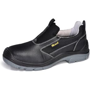 Men's Slip On Work Shoes Low Height Steel Toe Cow Leather Black Safety Shoes with Steel Plate Midsole Lightweight Comfortable Sneakers for Industrial