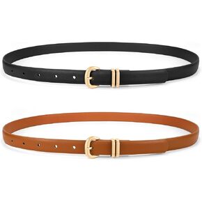 WHIPPY 2 Pack Skinny Leather Belts for Women Fashion Ladies Thin Waist Belt for Jeans Pants Dresses with Gold Buckle