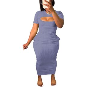 Women's Casual Short Sleeve Dress T Shirt Bodycon Dresses Ribbed V Neck Maxi Sundress Basic Party Club Dress with Pocket
