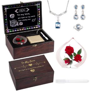 Handmade Gifts for Wife Women Anniversary Romantic Gifts for Her, Birthday Engraved Wooden Gift Set with Acrylic Neon Sign (Angel Preserved Rose)