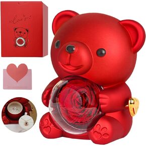 Real Rose Bear Gift Box - Romantic Cute Teddy Hug Bear with Preserved Eternal Real Red Rose Flower for Her Women Girlfriend Valentine's Day - Rotating Jewelry Necklace Box with Gift Bag & Card