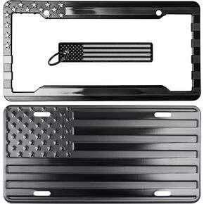 American Flag License Plate, Frame, and Key Tag Combo Black-on-Matte Black