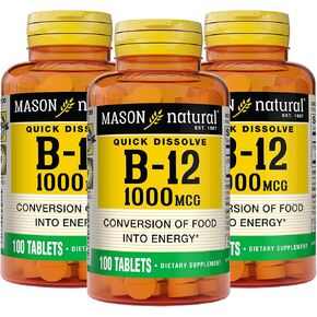 MASON NATURAL B-12 1000 mcg Quick Dissolve, 300 Day Supply for Healthy Conversion of Food into Energy (3 Pack)