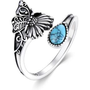 925 Sterling Silver Turquoise Dragonfly/Butterfly Spoon Rings Vintage Boho Sunflower Thumb Rings Oxidized Wrap Adjustable Ring Victorian Style Floral Jewelry Gifts for Women