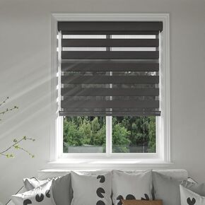 Changshade Cordless Zebra Blinds for Windows Free-Stop Roller Window Shades（24" W×72" H,Black） Dual Layer Light Filtering Privacy for Day and Night Thermal Insulated Roll Up Fabric Shade for Home