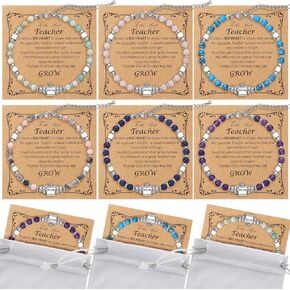 6 Set Teacher Appreciation Gifts for Women Teacher Thank You Appreciation Bracelets Gifts Bulk Tiny Beaded Graduation Bracelets for Women with Meaningful Cards and Drawstring Bags