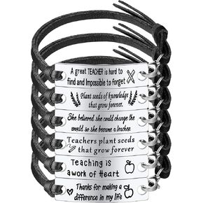 6 Pcs Teacher Bracelet Appreciation Gifts for Women, Teacher Birthday Leather Bangle Inspirational Thank You Gifts from Student for Women Men Graduation Retirement (Black and Silver)