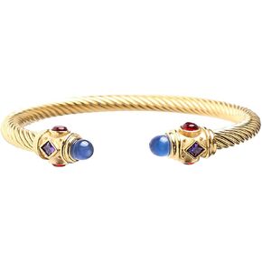 Harlorki Adjustable Novelty Personalized Twisted 14K Gold Plated Stainless Steel Blue Rhinestone Charm Open Bangle Cuff Bracelet for Men Women Fashion Jewelry