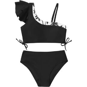 Young Girls 2 Piece Bikini Set Ruffles Swimwear with Adjustable Strap Tropical Striped Beachwear Kids Teen Bathing Suit