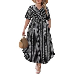 Nemidor Womens Casual Plus Size Boho Print V Neck Flared Maxi Dress with Pocket NEM403
