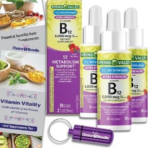 Spring Valley Liquid Vitamin B12 5000 mcg Metabolism Dietary Supplement Berry 2 fl oz 3 pk (6 oz Total) + Vitamin Guide and Pill Container (5 Items)!