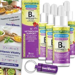 Spring Valley Liquid Vitamin B12 5000 mcg Metabolism Dietary Supplement Berry 2 fl oz 4 pk (8 oz Total) + Vitamin Guide and Pill Container (6 Items)!