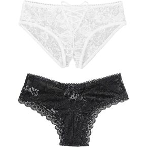 ohmydear Womens Lace Boyshorts Sexy Panties Crisscross Strappy Underwear Plus Size Hipster Briefs White Black XS-S