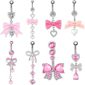 8 Pcs 14g Pink Bow Ribbon Belly Button Ring Rhinestone Bowknot Belly Button Ring Surgical Stainless Steel Bow Dangling Navel Piercing Jewelry for Women Silver Dainty Dangly Navel Jewelry