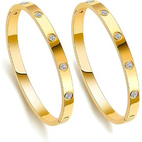 ISQ Gold Bracelets for Women, 2Pcs 18K Gold Plated Cubic Zirconia Stainless Steel Bangle 10 Zircons Bracelet Jewelry, Wedding Gifts for Women