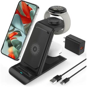 Upgraded 3 in 1 Wireless Charger for Google Pixel Watch 2, Google Pixel 8 Pro/8/7 Pro/7/7A/6/6 Pro, Pixel Buds Pro, Wireless Charging Station for Multiple Devices iPhone/Airpods(Not for Pixel Watch 1)