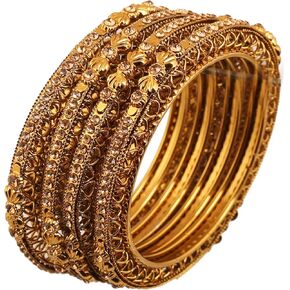 Touchstone "Golden Bangle Collection Ethnic Style Filigree Work Rhinestone Indian Bollywood Designer Jewelry Metal Bangle Bracelets in Antique Gold Tone for Women. Set of 4.