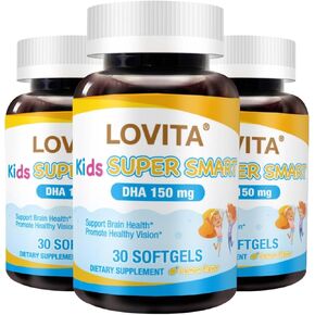 Lovita Kid’s Super Smart, Omega-3 for Children, 180 mg Total DHA & EPA, Lemon Flavor Fish Oil, Support Brain & Vision Health, 30 Softgels