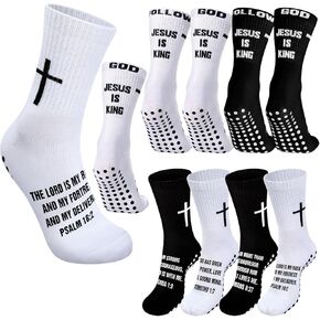 4 Pairs Cross Grip Soccer Socks with Bible Verse Anti Slip Religious Jesus Christian Football Sock with Rubber Dots
